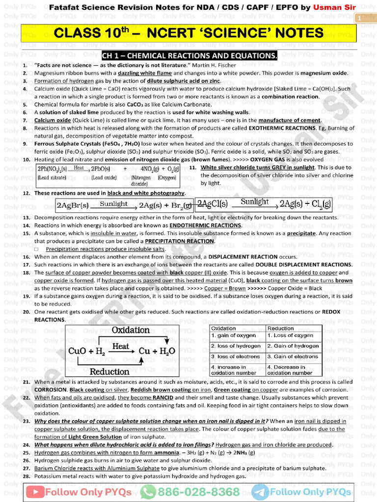 Class 10th Ncert Science One Liner Notes | PDF