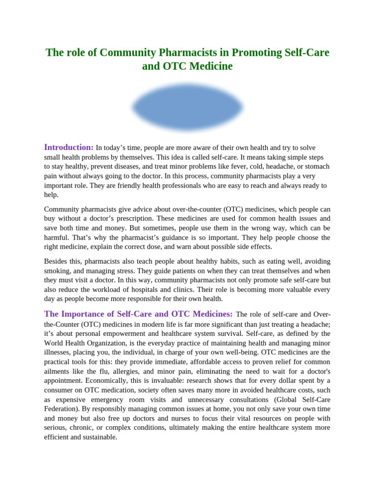 Assignment on the Role of Community Pharmacists in Promoting Self Care ...