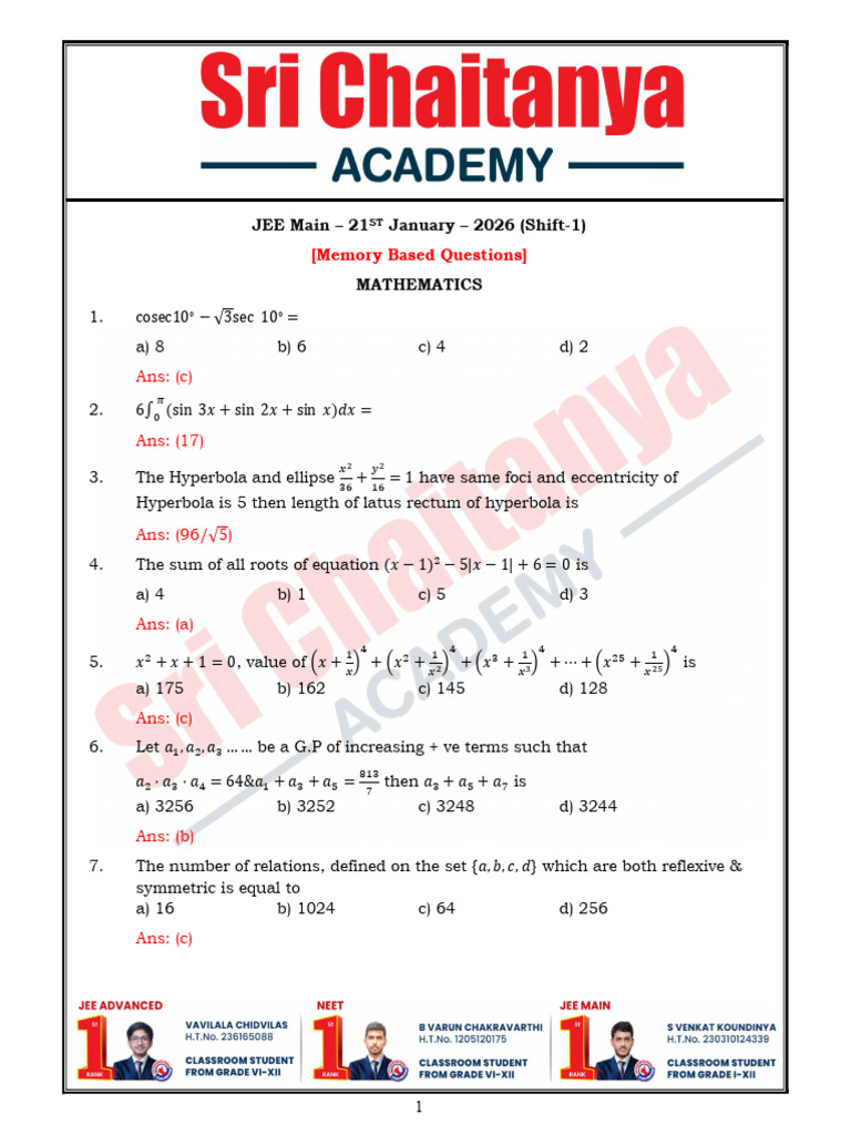 JEE Main 2026 Memory-Based Questions | PDF | Capacitor | Capacitance