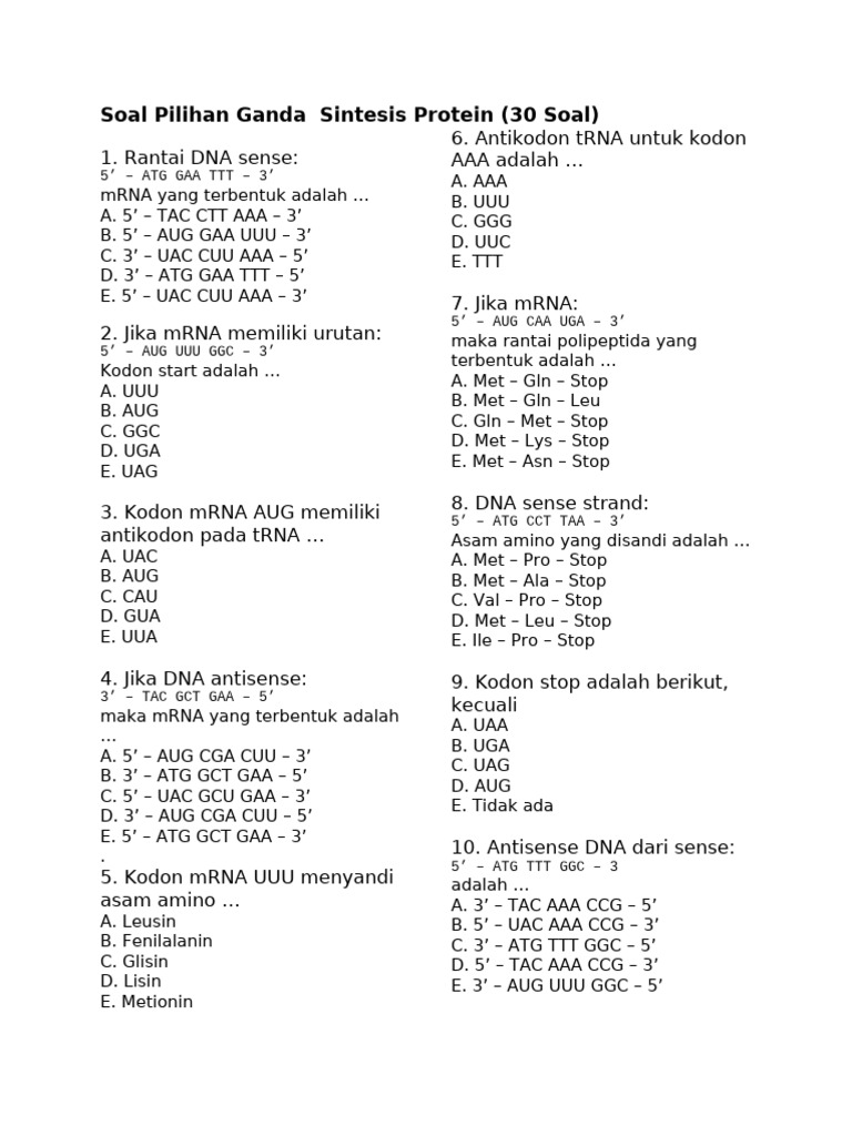 Soal Pilihan Ganda Sintesis Protein | PDF