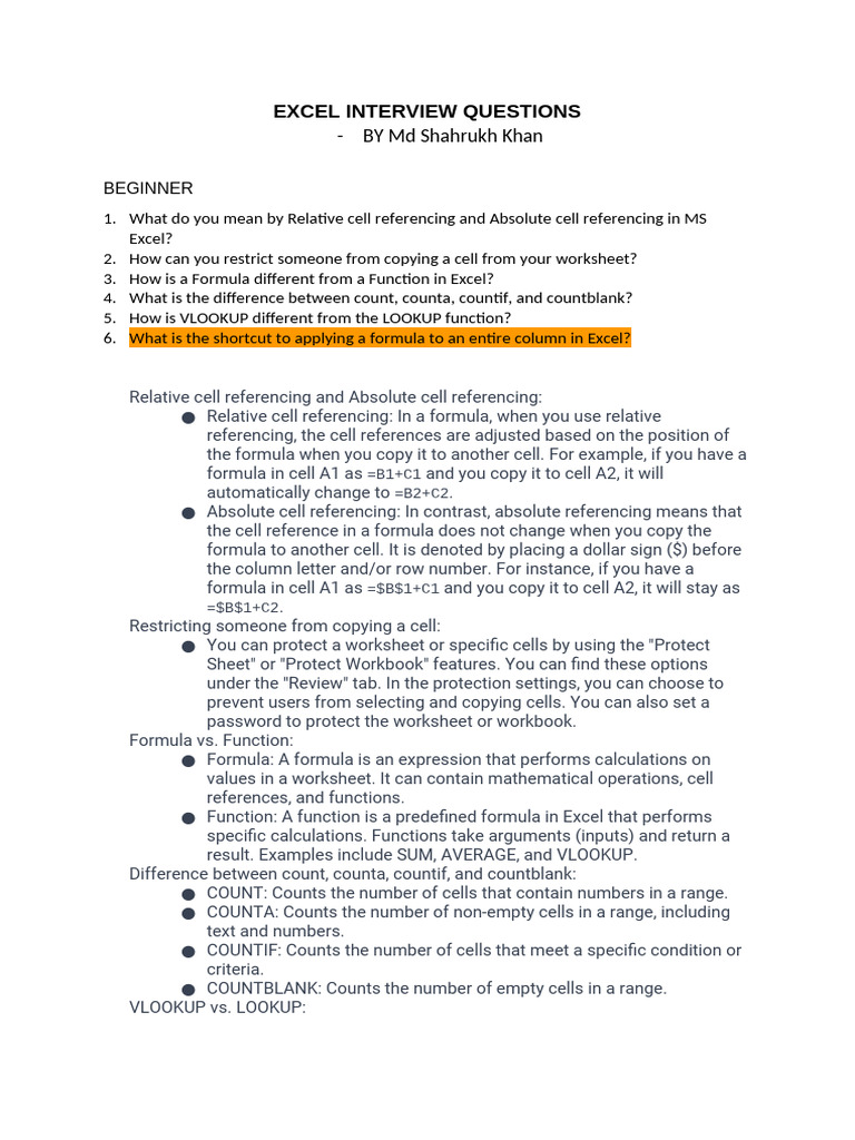 Essential Excel Interview Questions | PDF | Microsoft Excel | Spreadsheet