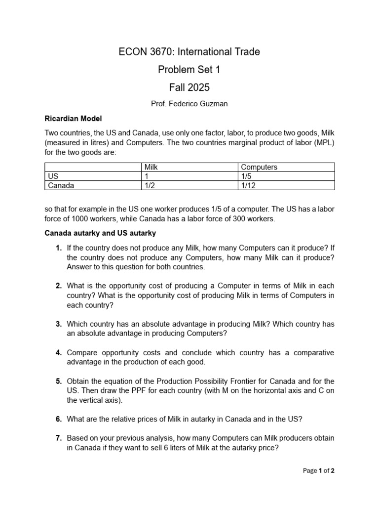 Ricardian Model Problem Set: Trade Analysis | PDF