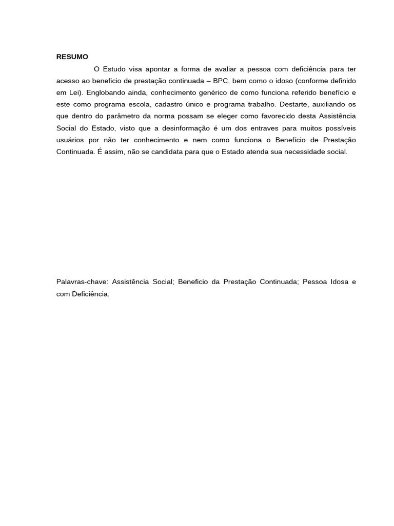 Avaliação do Benefício BPC para Idosos e Deficientes | PDF | Trabalho ...