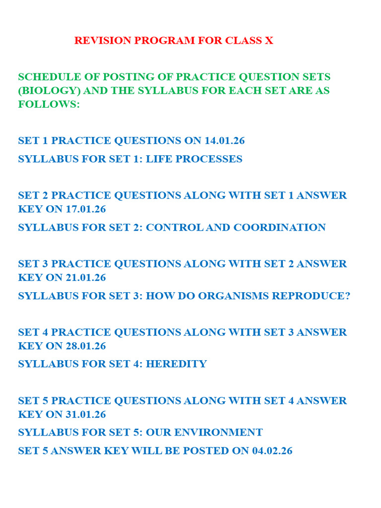 Class X Biology Revision Schedule | PDF