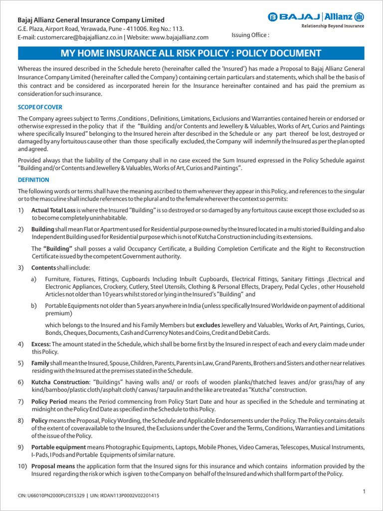 My Home Insurance All Risk Policy Guide | PDF | Insurance | Indemnity