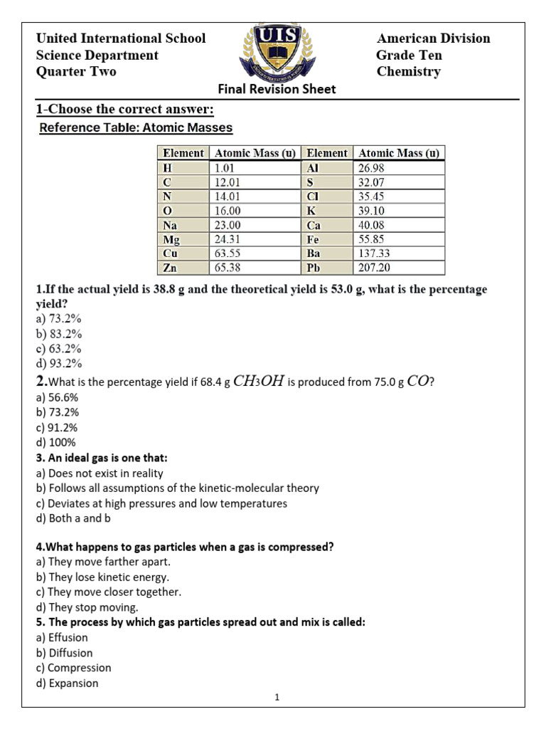 G10-Chemistry Final Revision | PDF | Stoichiometry | Gases