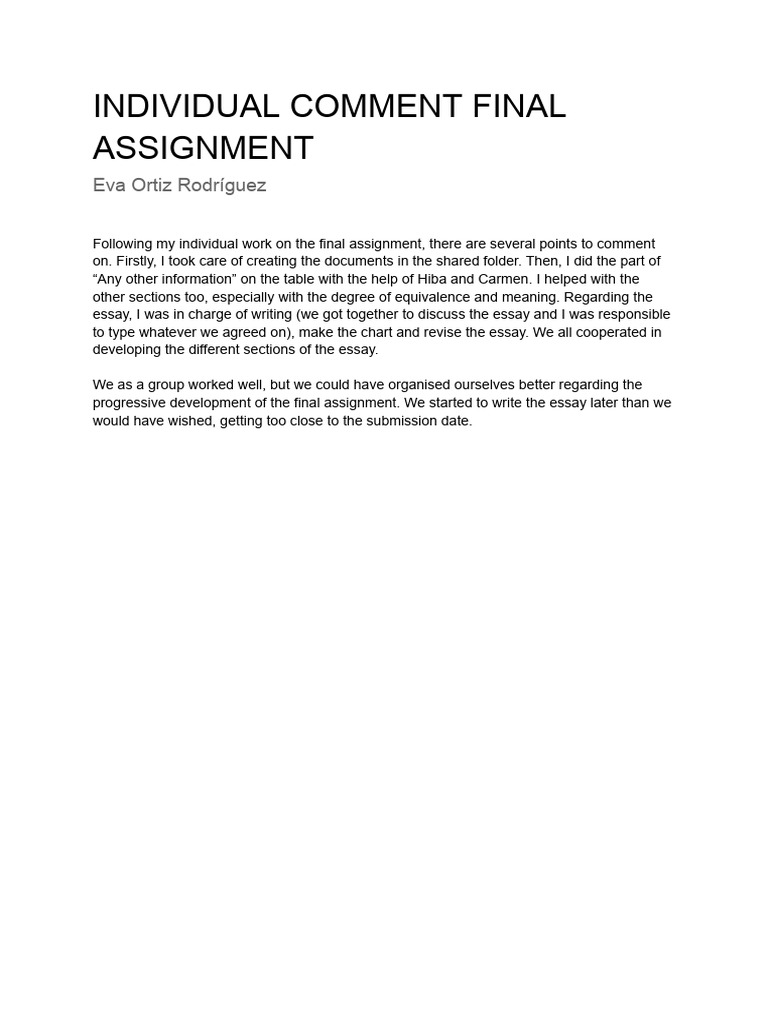 Final Assignment Reflection and Teamwork | PDF