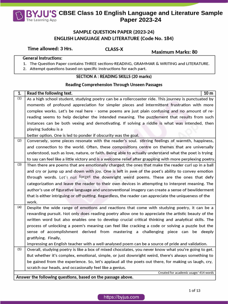 CBSE Class 10 English Sample Paper 2023-24 | PDF | Poetry | Landscape