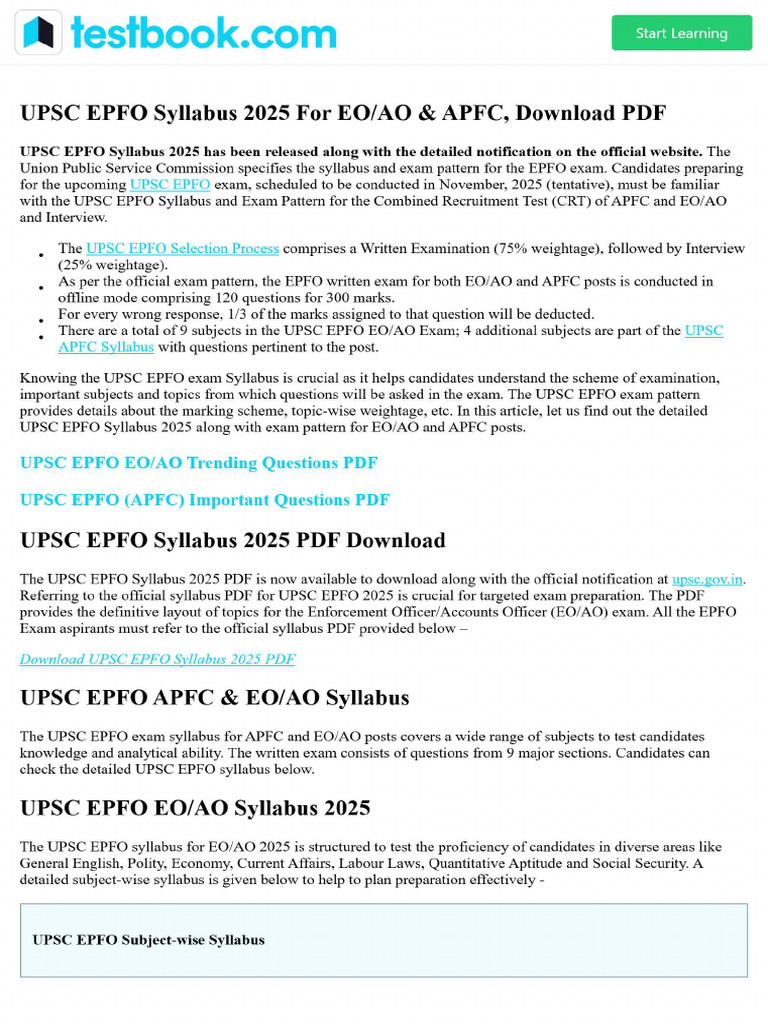 Upsc Epfo Syllabus 2025 For Eo - Ao & Apfc, Download PDF | PDF