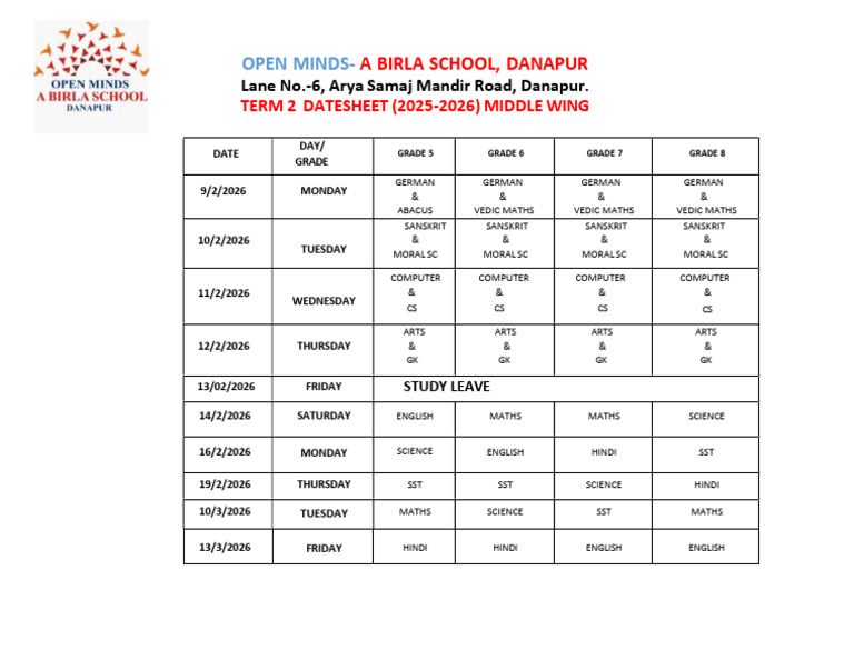 Term 2 Datesheet 25-26 (Middle Updated) | PDF