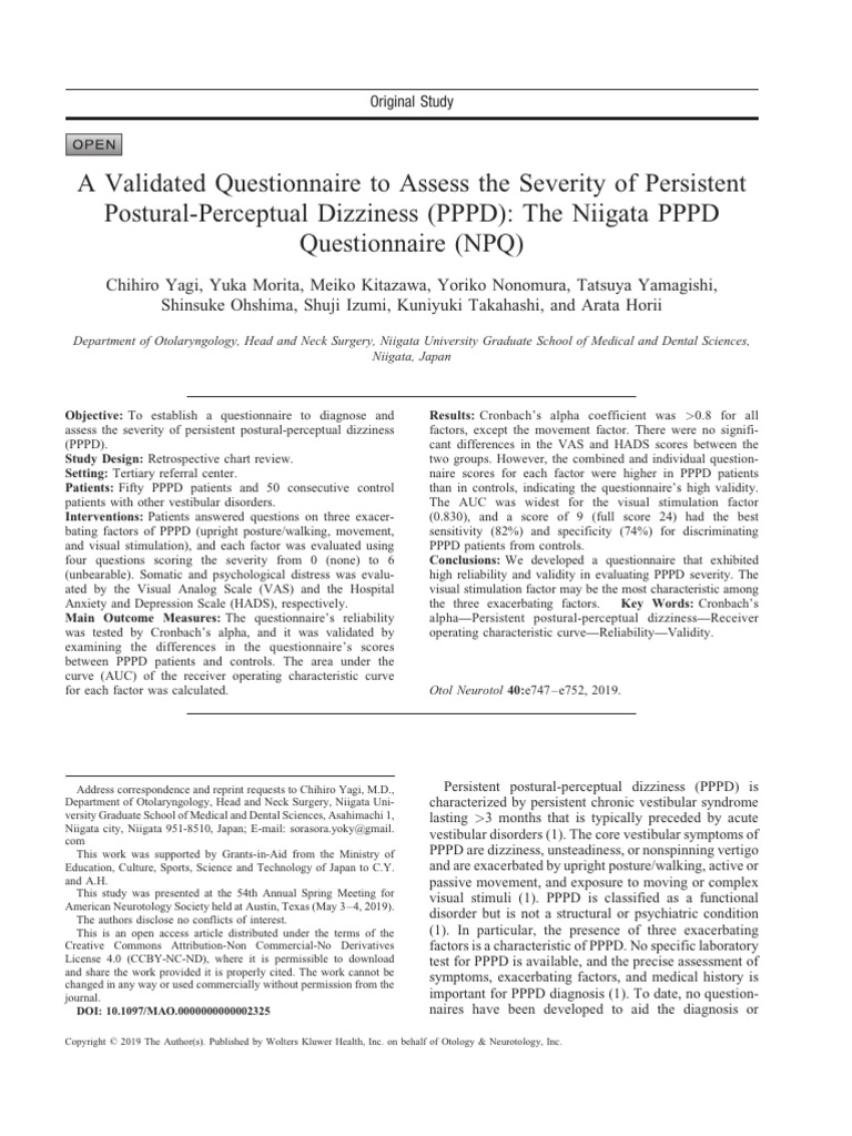Niigata PPPD Questionnaire for Dizziness Assessment | PDF | Vertigo ...