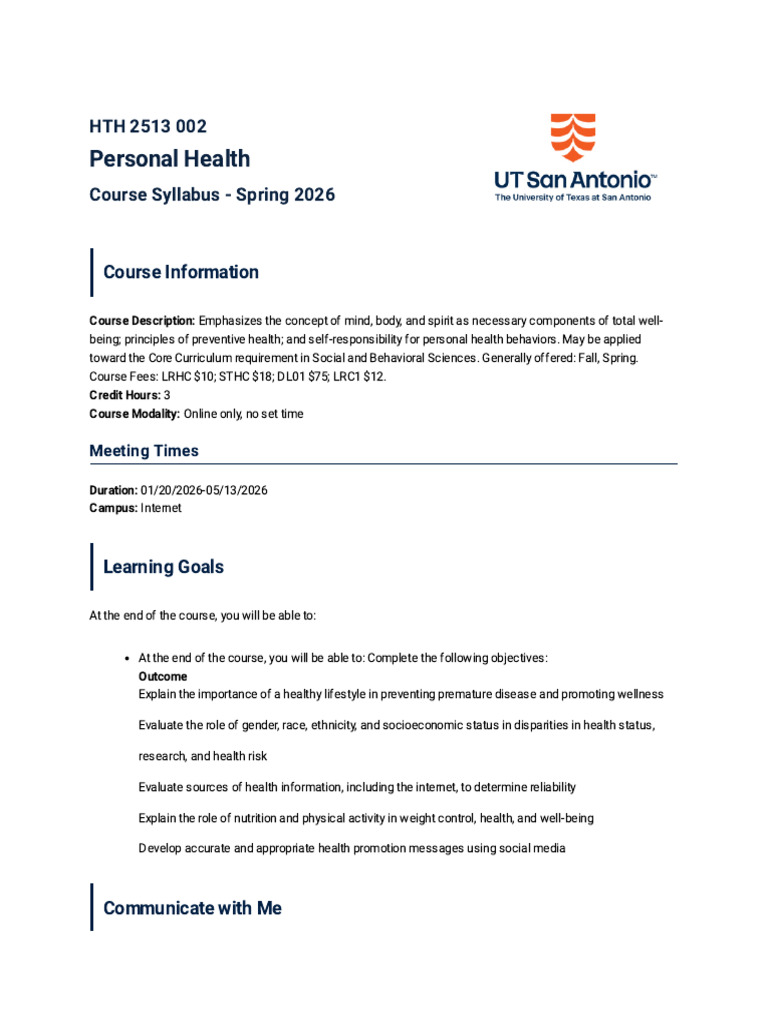 Personal Health Course Syllabus 2026 | PDF | Textbook | Health Promotion