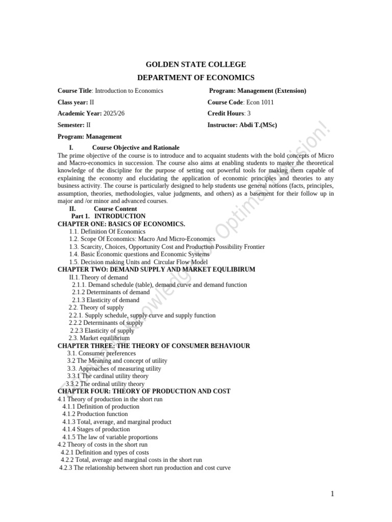 Introduction to Economics Course Syllabus | PDF | Economics ...