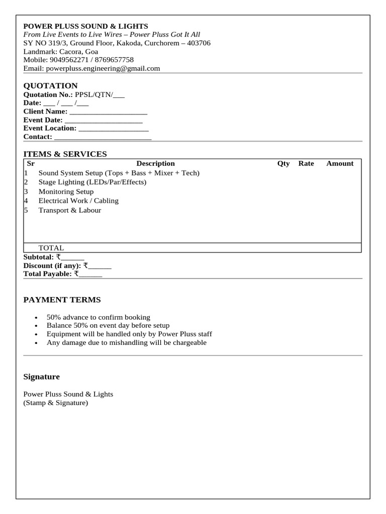 Power Pluss Sound & Lights Quotation | PDF