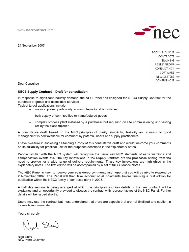 NEC3 Supply Contract Consultative Draft | PDF | Invoice | Indemnity