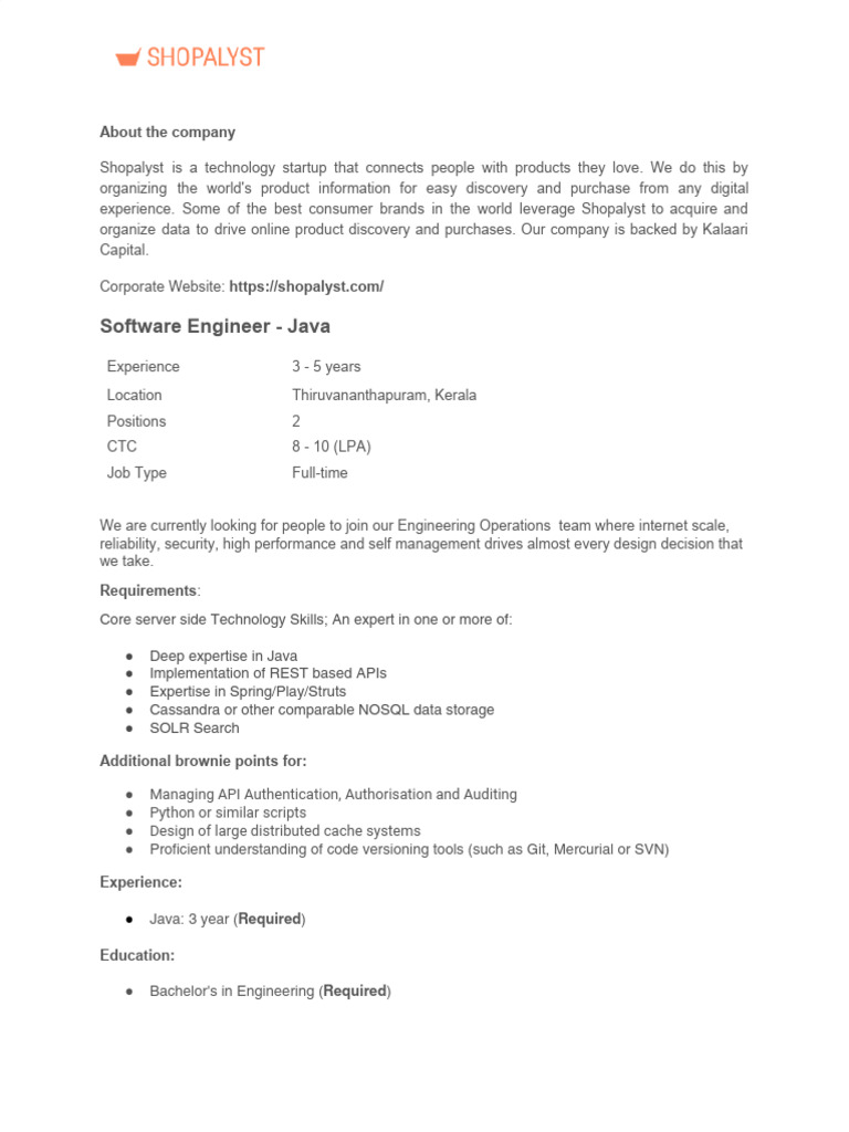 Java Software Engineer Position at Shopalyst | PDF