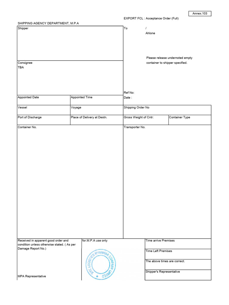 Export FCL Acceptance Order Document | PDF