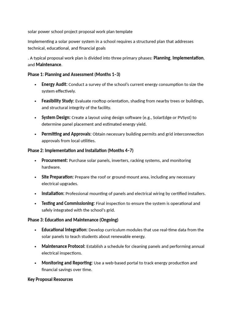 Solar Power School Project Proposal Work Plan Template | PDF