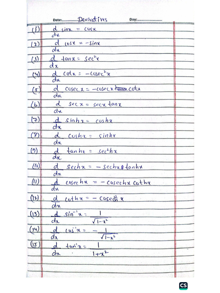 Maths Formula Sheet, Derivatives, Integration, Conics | PDF