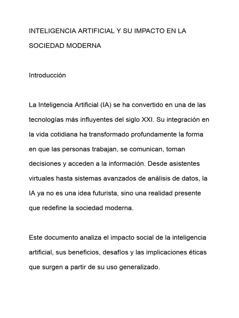 Inteligencia Artificial y Su Impacto en La Sociedad Moderna | PDF