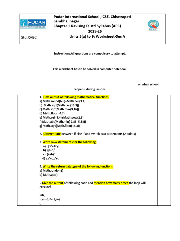 Java Programming Worksheet Questions | PDF | Mathematics | Computing
