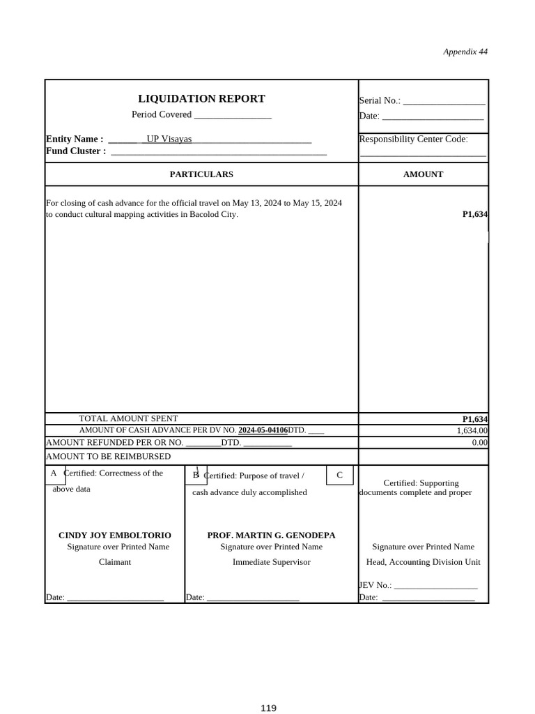 Liquidation Report for Travel Expenses | PDF