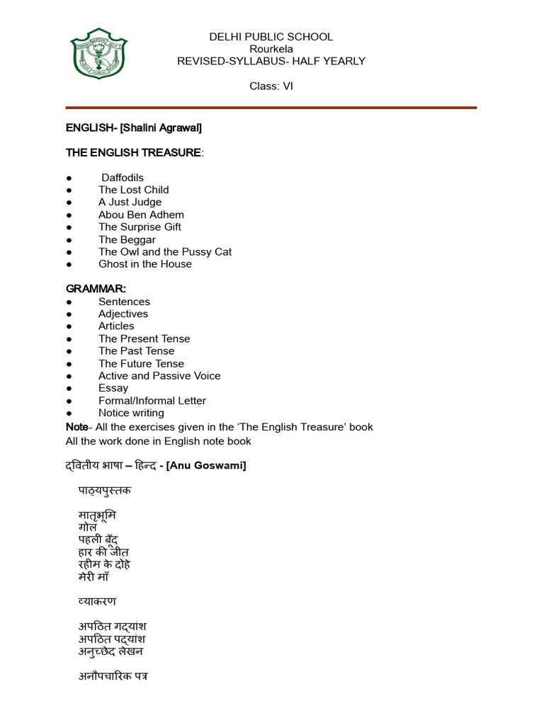 DPS Rourkela Class VI Half-Yearly Syllabus | PDF | Linguistics | Languages