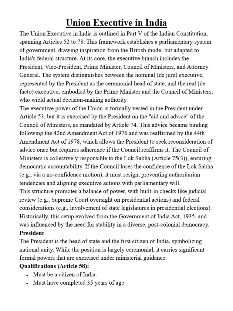 Overview of India's Union Executive | PDF | Voting | Presidents Of The ...
