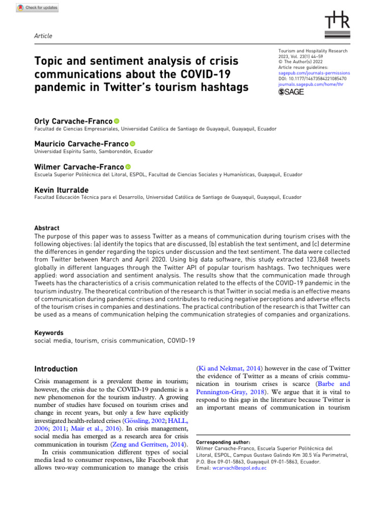 Carvache Franco Et Al 2022 Topic and Sentiment Analysis of Crisis ...