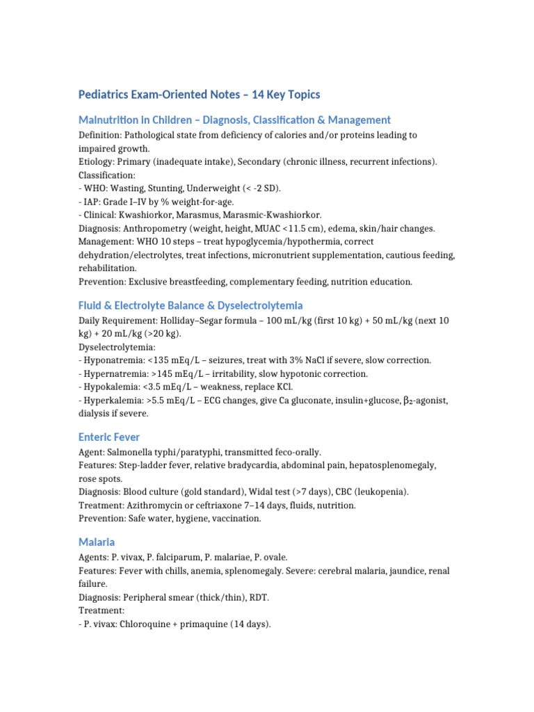Pediatric Exam Notes: Key Topics Overview | PDF | Tuberculosis | Malaria