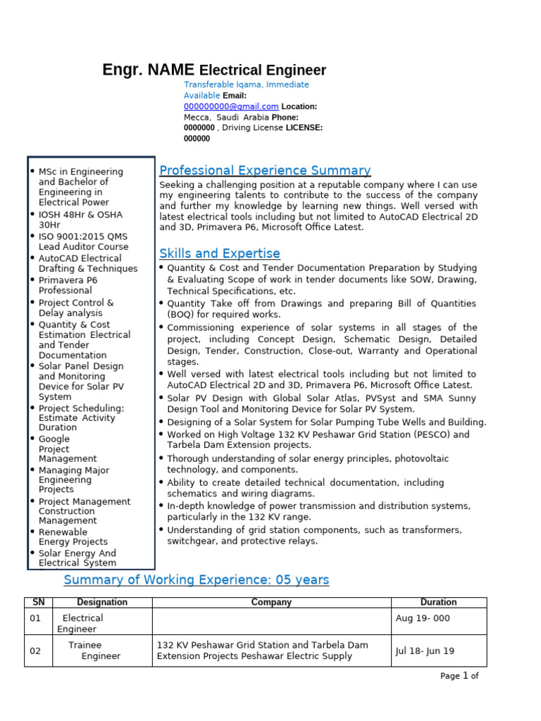 Electrical Engineer CV - Solar & Power Systems | PDF | Electrical Grid ...