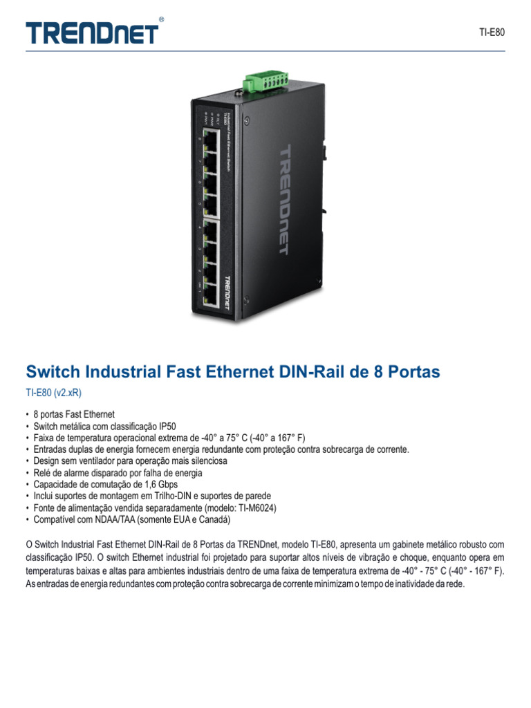 Switch Industrial 8 Portas IP50 TI-E80 | PDF | Fonte de energia | Ethernet