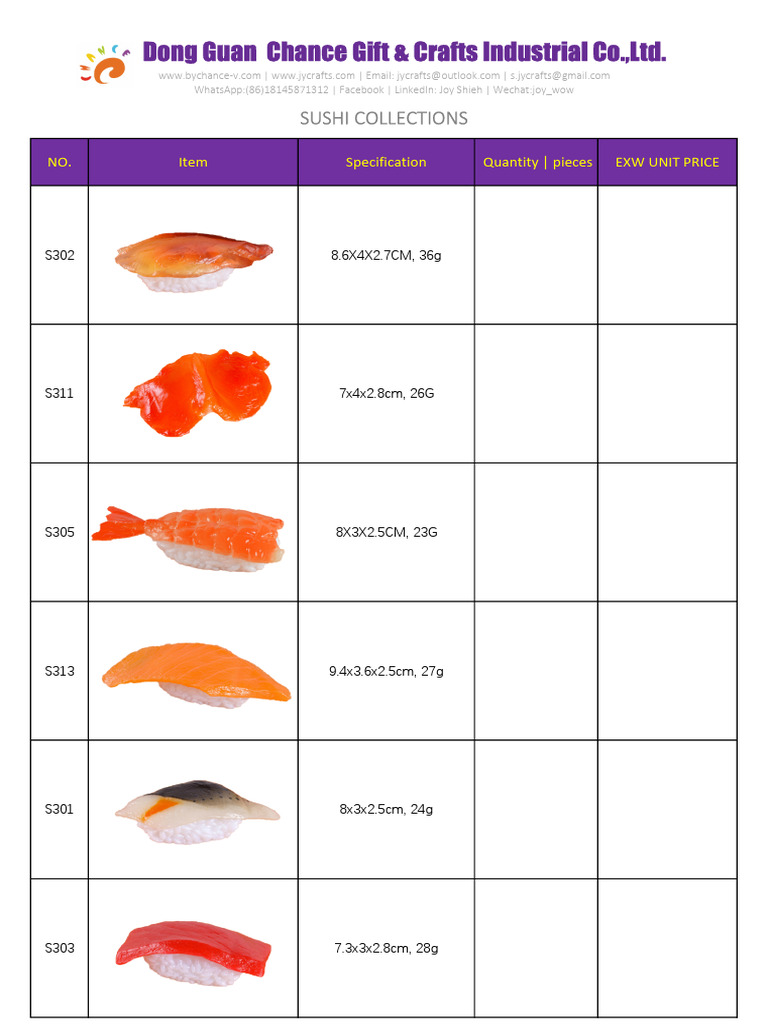 Sushi Collection Product Specifications | PDF