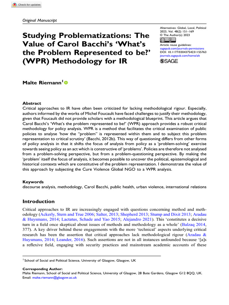 Riemann 2023 Studying Problematizations the Value of Carol Bacchi s ...