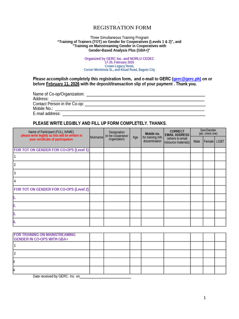 Gender Training Registration Form 2026 | PDF