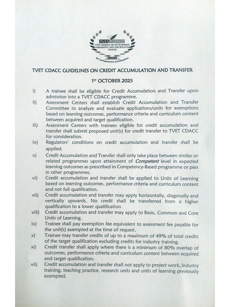 Tvet Cdacc Guidelines On Credit Accumulation and Transfer 1st Oct 2025 ...