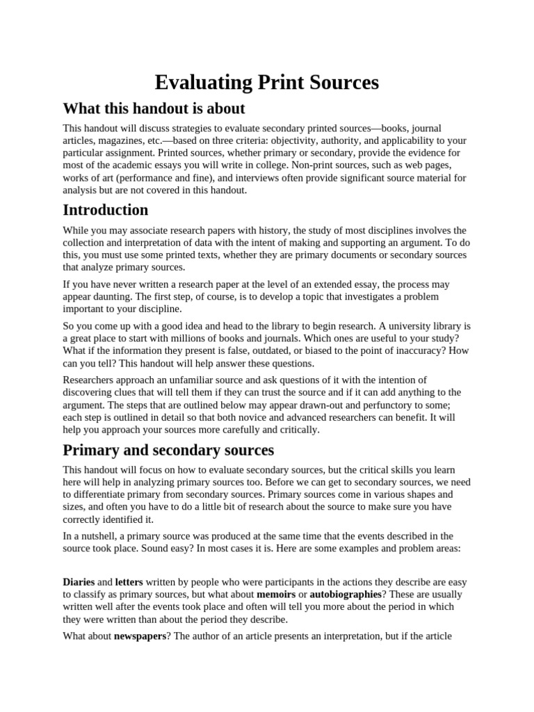 Evaluating+Print+Sources+Handout | PDF | Primary Sources | Books