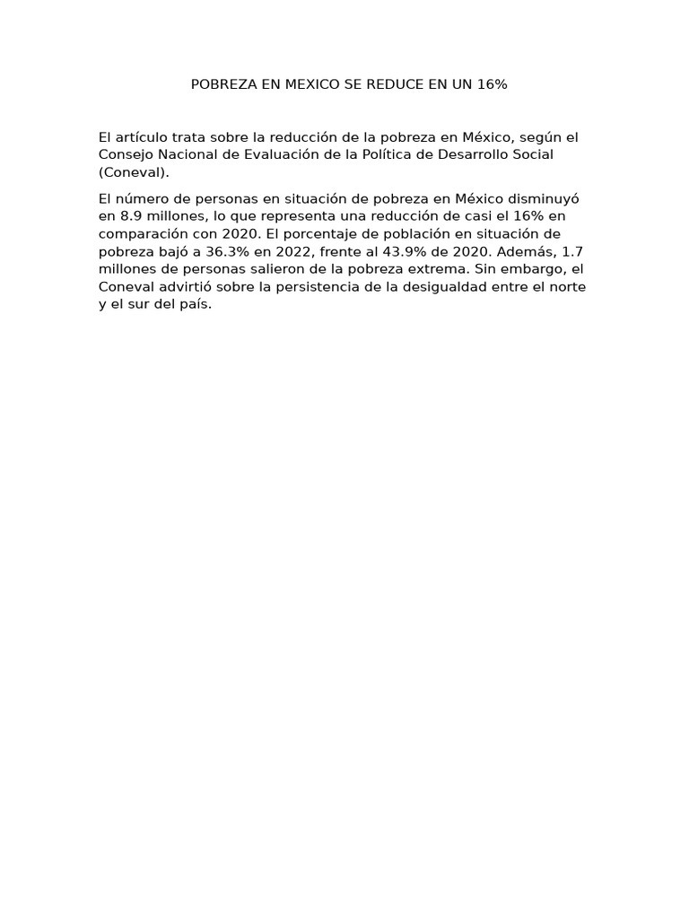 La Pobreza en México Se Reduce Un 16% | PDF