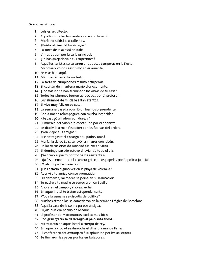 Ejemplos de oraciones simples en español | PDF