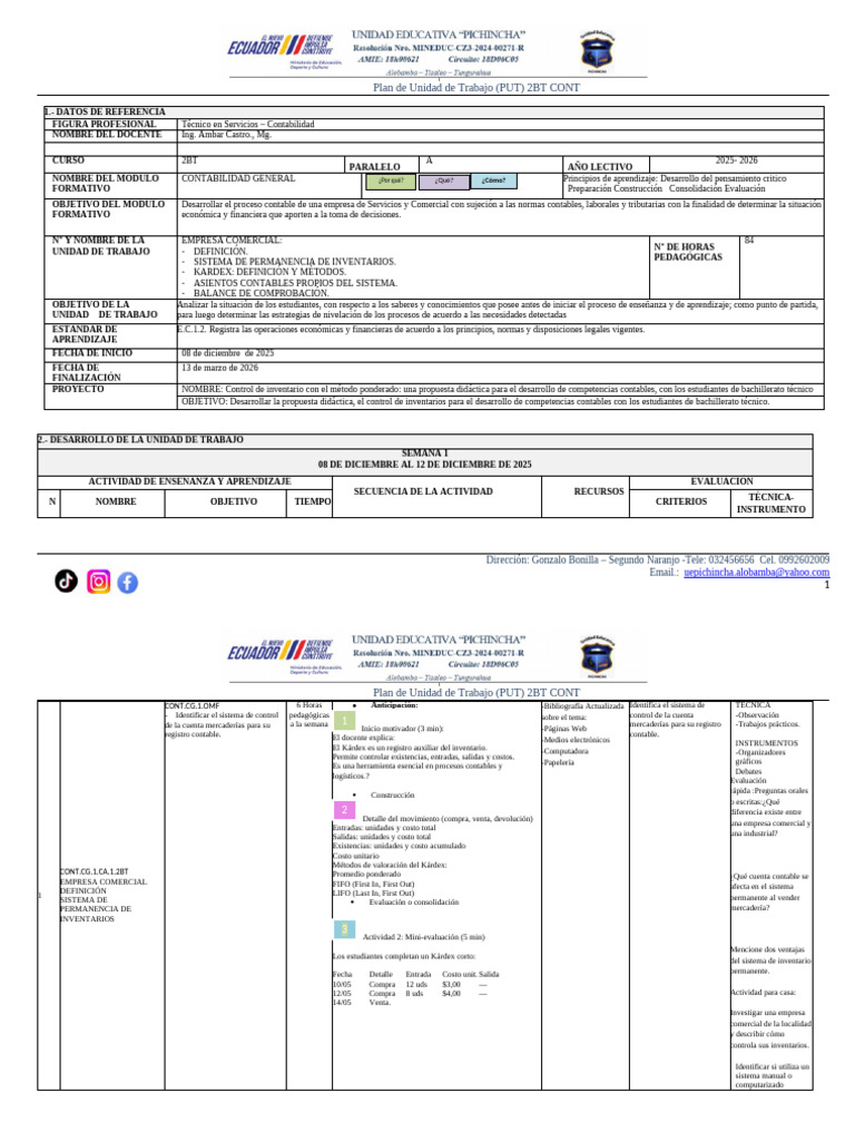 Plan de Unidad: Contabilidad General 2BT | PDF | Contabilidad | Enseñando
