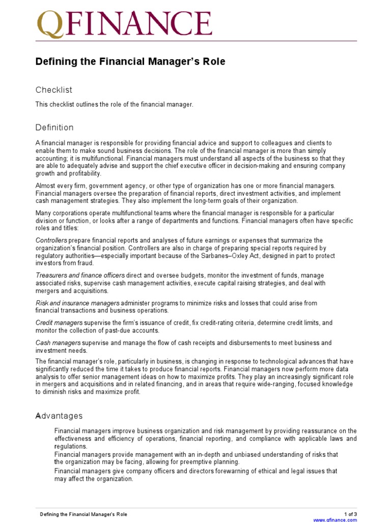 Financial Manager Role Overview Checklist | PDF | Financial Adviser | Risk