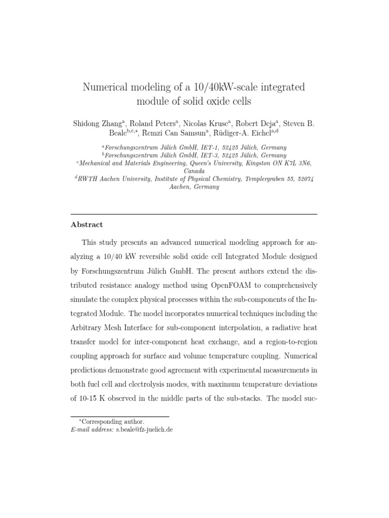Numerical Modeling of Solid Oxide Cells | PDF | Fuel Cell | Renewable ...