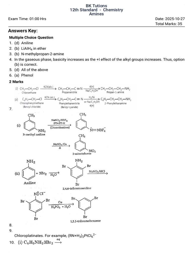 12th Chemistry: Amines Exam Guide | PDF | Amine | Organic Compounds