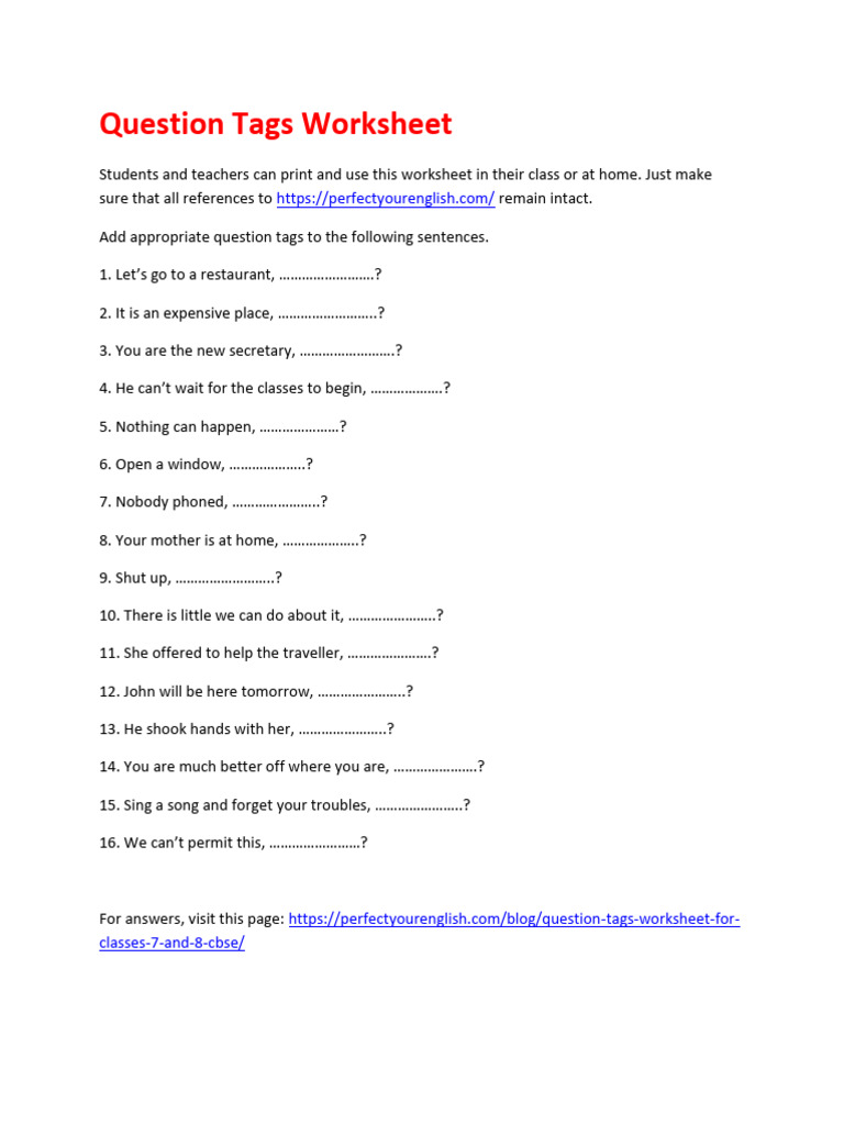 Question Tags Worksheet for Students | PDF