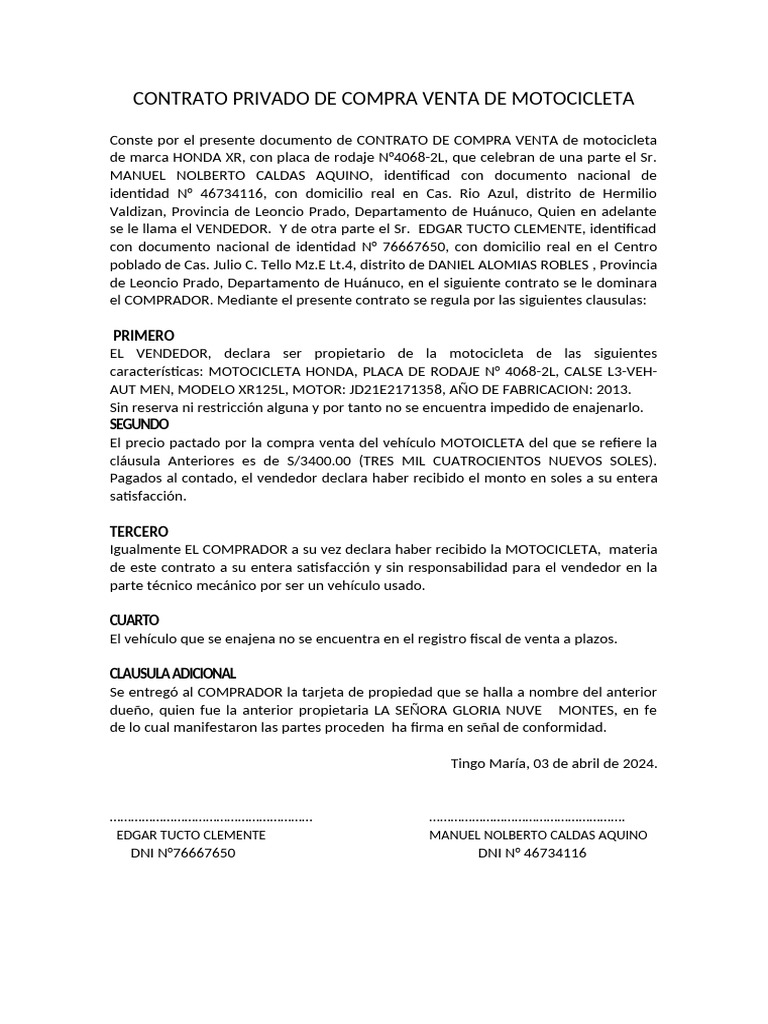Contrato de Compra Venta Motocicleta Manuel Nolberto Caldas Aquino | PDF