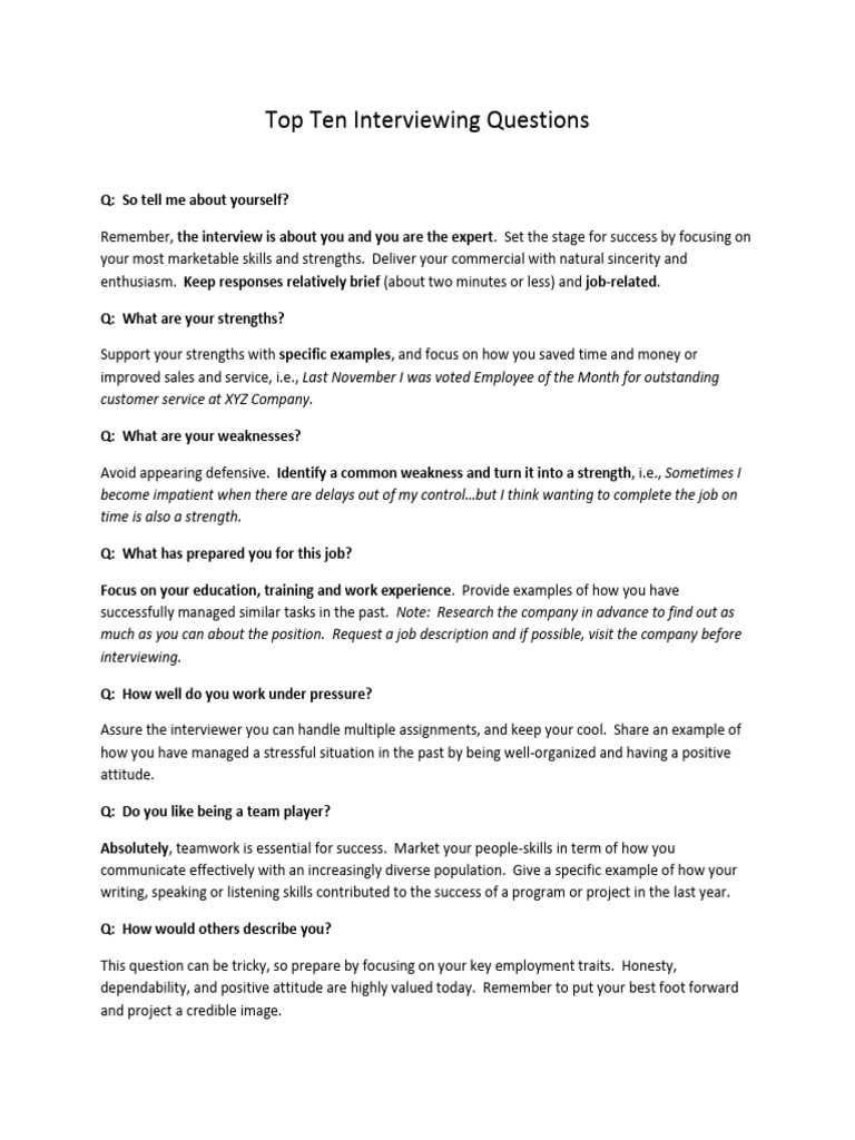 Top Ten Interviewing Questions | PDF | Skill | Employment