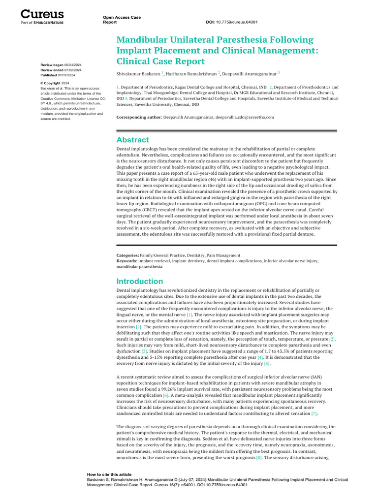 Mandibular Paresthesia Post-Implant Case Report | PDF | Dental Implant ...