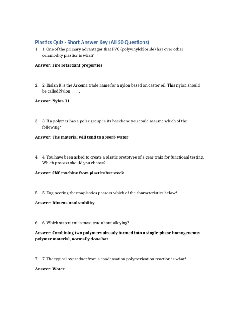 Plastics Quiz Answer Key: 50 Questions | PDF | Polyethylene | Plastic