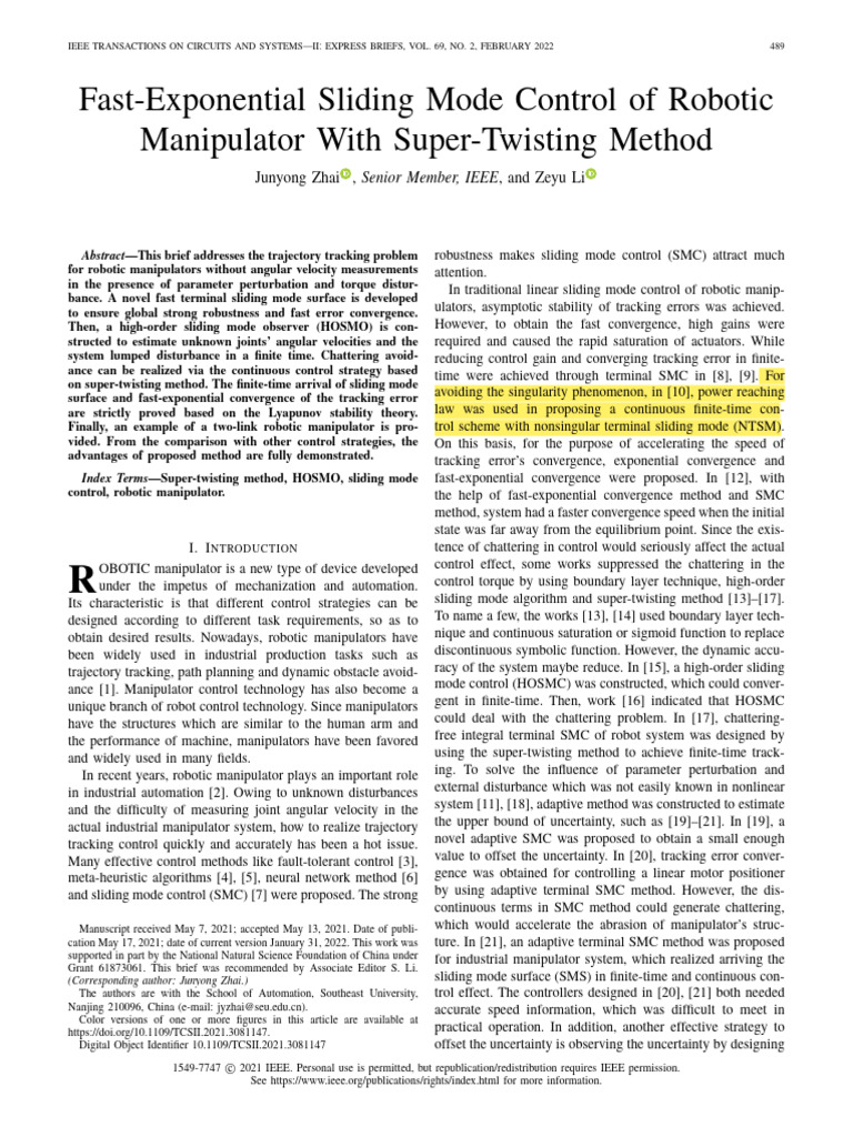 Fast Sliding Mode Control for Robots | PDF | Mathematical Physics ...