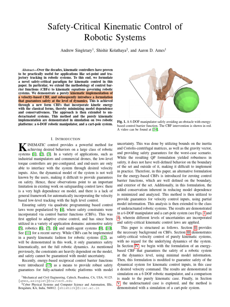 Safety-Critical Kinematic Control in Robotics | PDF | Kinematics ...